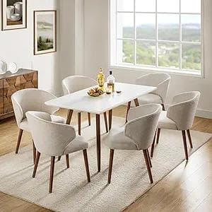 Dining Chairs Set of 6, Upholstered Kitchen Dining Room Chair Set with Curved Padded Back Wood Legs, Mid-Century Morden Accent Side Dinner Seating for Restaurant, Home, Linen